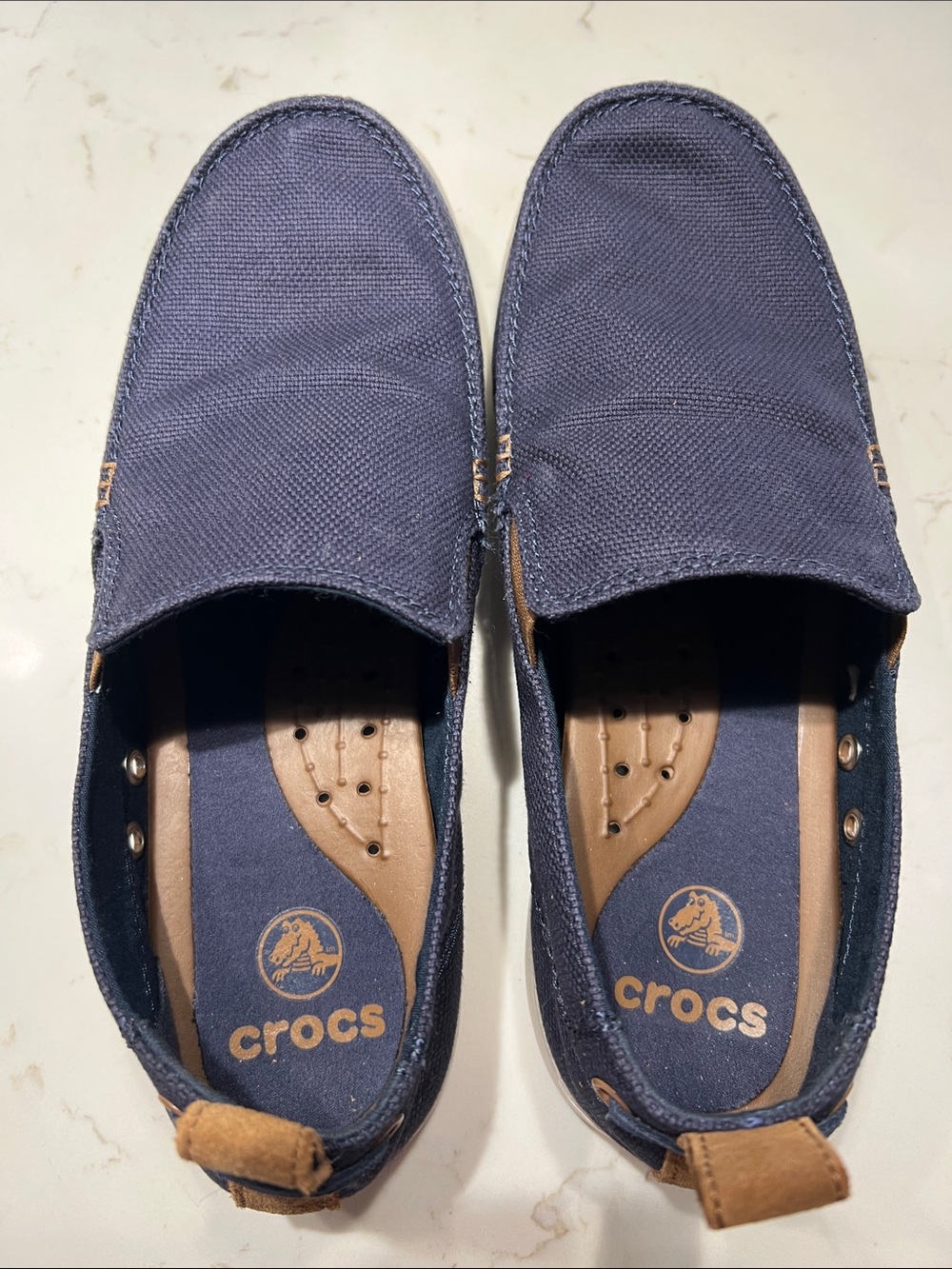 CROCS Men’s Navy Canvas Slip-On Loafers with Tan Accents